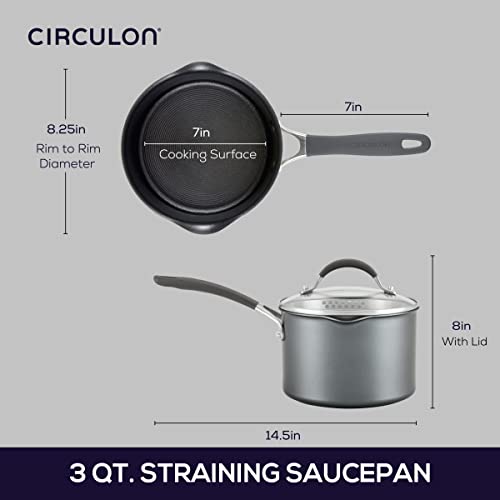 Circulon A1 Series w/ ScratchDefense Nonstick Induction Straining Sauce Pan with Lid, 3-Quart, Saucepan with Pour Spout, Graphite