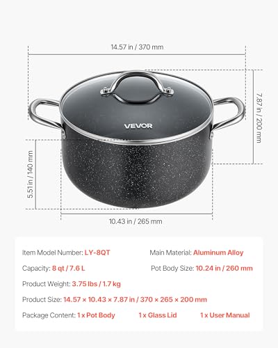 VEVOR Aluminum Stock Pot, 8-Quart Nonstick Ceramic Coated Pot with Glass Lid, PFOA-Free, PFAS-Free, Compatible with Gas Stoves, Induction Cooktops, Electric Stoves, for Soups, Stews, and Pasta