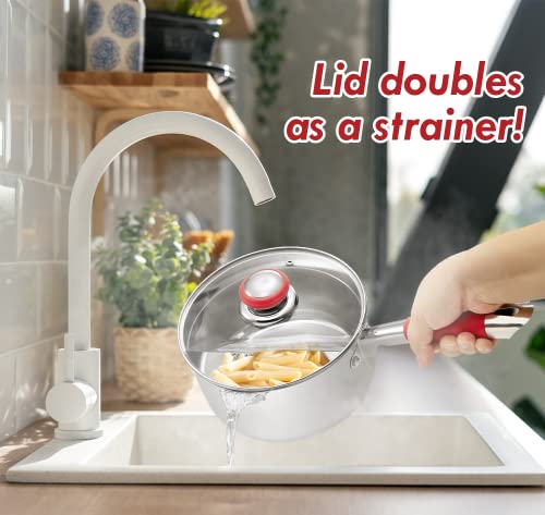 Concord 2 Quart Stainless Steel Saucepan with SIMPLE POUR Vented Glass Lid. Features Dual Pouring Spouts and Volume Marking. Perfect for making Sauces, Jam, Ramen, and more