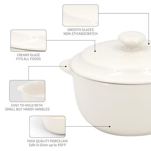 4-Pack Ceramic Mini Cocotte Set, 10 Oz Stoneware Casserole Dishes with Handles & Lids, Oven-Safe Ramekins for Soufflé, Soup, Cobbler & Baking, Individual Serving Bakeware, Off White