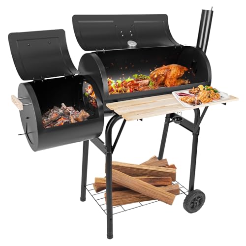 HALNYHYFD Charcoal Grills with Offset Smoker & Thermometer, Barrel BBQ Grill & Smoker Combo, Spacious Barbecue Grill for Outdoor Backyard Camping Parties