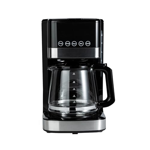 Amazon Basics Programmable 12 Cup Drip Coffee Maker with Glass Coffee Pot (1.9 Qt), Auto Shut-off, Touch Screen, Auto Pause, Removable Filter Basket, Black & Silver