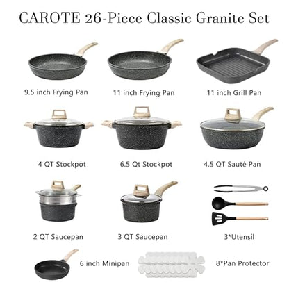 CAROTE 26Pcs Pots and Pans Set, Nonstick Cookware Sets, Granite Induction Cookware Non Stick Cooking Set w/Frying Pans & Saucepans(PFOS, PFOA Free)