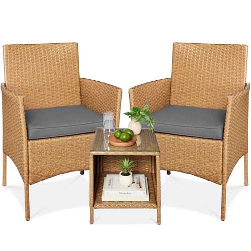 Best Choice Products 3-Piece Outdoor Wicker Conversation Bistro Set, Space Saving Patio Furniture for Garden w/Side Table - Natural/Gray