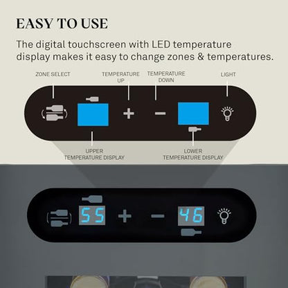 Wine Enthusiast 18-Bottle Slimline Dual Zone Wine Cooler - Energy Efficient Freestanding Wine Refrigerator - Upright Bottle Storage, Adjustable Thermostat, Digital Touchscreen (20.5” x 10.7" x 36.8”)
