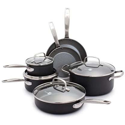 GreenPan Chatham Hard Anodized Healthy Ceramic Nonstick 10 Piece Cookware Pots and Pans Set, Frying Pan Skillets, Saucepans, Saute Pan, Stockpot, Lids, PFAS-Free, Dishwasher & Oven Safe, Gray
