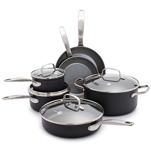 GreenPan Chatham Hard Anodized Healthy Ceramic Nonstick 10 Piece Cookware Pots and Pans Set, Frying Pan Skillets, Saucepans, Saute Pan, Stockpot, Lids, PFAS-Free, Dishwasher & Oven Safe, Gray
