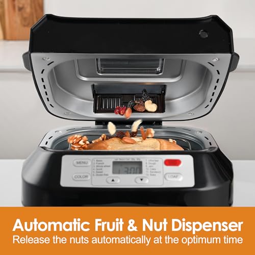 Kitchen in the Box 2lb Bread Maker with Auto Fruit Nut Dispenser, 12-in-1 Gluten-Free Bread Machine, 13H Delay Timer, Nonstick Pan, Keep Warm (Black)