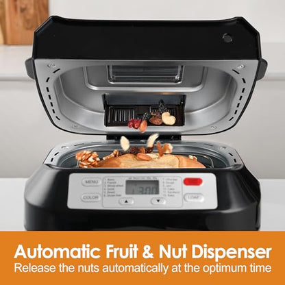 Kitchen in the Box 2lb Bread Maker with Auto Fruit Nut Dispenser, 12-in-1 Gluten-Free Bread Machine, 13H Delay Timer, Nonstick Pan, Keep Warm (Black)