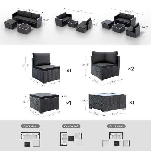 WWR Patio Furniture Set 5 Piece - Wide Armrests - All-Weather Wicker Rattan Outdoor Conversation Couch Sets, Modular Sectional Sofa for Garden, Patio, Poolside, Backyard, Balcony, Porch