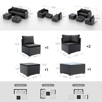 WWR Patio Furniture Set 5 Piece - Wide Armrests - All-Weather Wicker Rattan Outdoor Conversation Couch Sets, Modular Sectional Sofa for Garden, Patio, Poolside, Backyard, Balcony, Porch