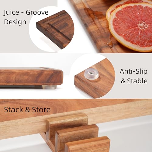 Cokka Praca Non Toxic Acacia Wood Cutting Board Set with Stand | 3 Pcs Knife-Friendly Non-Slip Wooden Cutting Boards for Kitchen | 0.7″Thick Butcher Block | Solid Chopping Boards with Juice Groove