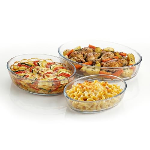 OVENTE Glass Baking Dish Set, 3-Piece Value Pack Oval Bakeware 0.7L/1.6L/2.4L, Oven, Microwave & Dishwasher Safe, Perfect for Lasagna Casserole, Deserts, Food Prep, Serving & Reheating, Clear GBD33