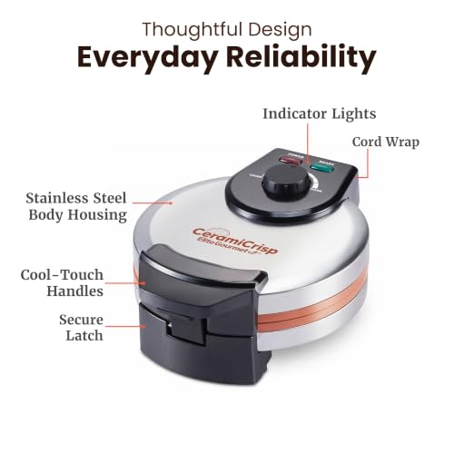 Elite Gourmet Belgian Waffle Maker, Ceramic Nonstick, 1100W Stainless Steel