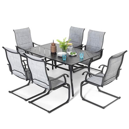 NUU GARDEN 7 Piece Outdoor Dining Set, 6 All Weather Padded Textilene Patio Chairs and 61" Rectangular Dining Table with 1.77" Umbrella Hole, for Garden, Patio, Light Grey and Black
