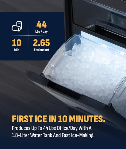 Nugget Ice Maker Countertop | 44 lbs/Day Pebble Ice Machine with Self-Cleaning | Soft Chewable Pebble & Sonic-Style Ice | Black Stainless Steel