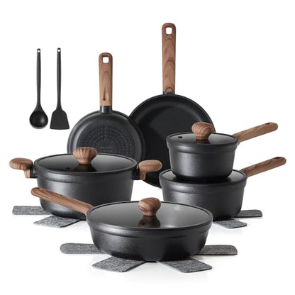SENSARTE Nonstick Pots and Pans Set 17pcs, Healthy Induction Cookware Set, Kitchen Cooking Set with Skillets & Saucepans, Stay-cool Handles, Dishwasher Safe, PFOA PFOS Free, Matte Black