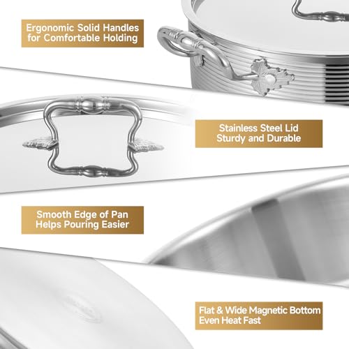 Inqibee Tri-Ply Stainless Steel 8 Quart Rondeau Pot with Lid Braiser Pan, 13 inch Deep Frying Pan, Versatile Cookware, Large Saute Pan, Compatible With All Cooktops, Induction Compatible, Oven-Safe