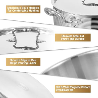 Inqibee Tri-Ply Stainless Steel 8 Quart Rondeau Pot with Lid Braiser Pan, 13 inch Deep Frying Pan, Versatile Cookware, Large Saute Pan, Compatible With All Cooktops, Induction Compatible, Oven-Safe
