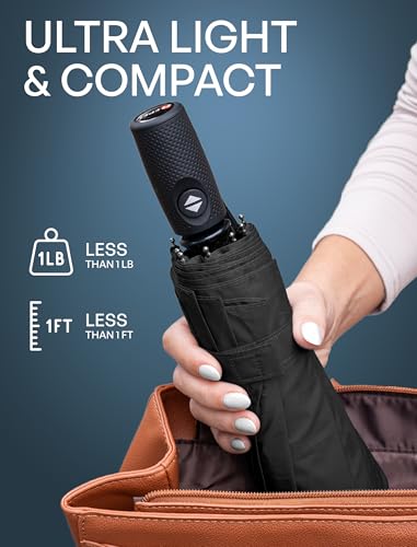Windproof Travel Umbrella - Compact & Withstands Winds up to 85MPH, Strongest Premium Auto Folding Umbrella for Rain and Sun - Durable, Light & Portable for Women & Men, Fits Backpack & Cars