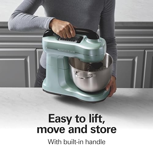Hamilton Beach Electric Stand Mixer, 4 Quarts, Dough Hook, Flat Beater Attachments, Splash Guard, 7 Speeds with Whisk, Easy-Carry Top Handle, Aqua