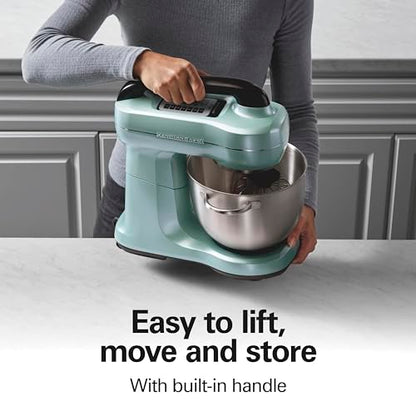 Hamilton Beach Electric Stand Mixer, 4 Quarts, Dough Hook, Flat Beater Attachments, Splash Guard, 7 Speeds with Whisk, Easy-Carry Top Handle, Aqua