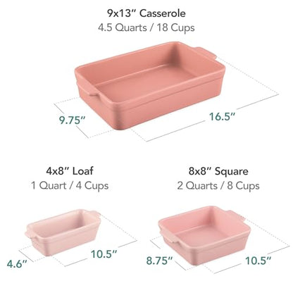 Best Choice Products 3-Piece Ceramic Bakeware Set, Stoneware Baking Dishes, Porcelain Casserole Bakeware Dishes, Serving Dishes - 9x12 Casserole, Loaf Pan, 8x8 Baking Dish - Pink Champagne