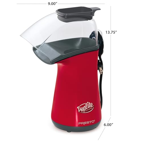 Presto 04863 Poplite Hot Air Popcorn Popper - Built-In Measuring Cup + Melts Butter, Easy to Clean, Built-In Cord Wrap, 18 Cups, Red