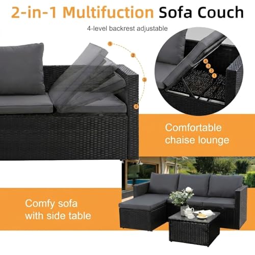 Shintenchi 4 Pieces Patio Furniture Sets, Outdoor Sofa Patio Sectional Sets All Weather, 2-in-1 Wicker Rattan Seating Sofa Couch with Cushions & Coffee Table for Yard, Garden, Porch, Poolside (Gray)