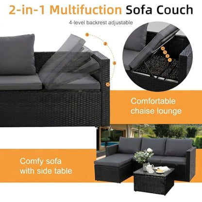 Shintenchi 4 Pieces Patio Furniture Sets, Outdoor Sofa Patio Sectional Sets All Weather, 2-in-1 Wicker Rattan Seating Sofa Couch with Cushions & Coffee Table for Yard, Garden, Porch, Poolside (Gray)