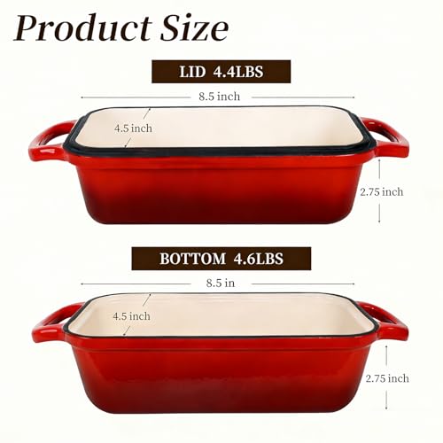 FUNKYLEE Enameled Cast Iron Bread Pan with Lid, 2-in-1 Loaf Pan for Baking Bread 8.5x4.5, Professional Sourdough Bread Pan for Homemade Bread, Set of 2, Red