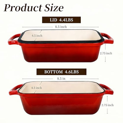 FUNKYLEE Enameled Cast Iron Bread Pan with Lid, 2-in-1 Loaf Pan for Baking Bread 8.5x4.5, Professional Sourdough Bread Pan for Homemade Bread, Set of 2, Red