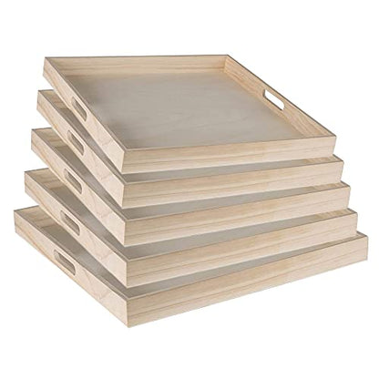 Hammont Wooden Square Trays - Five Piece Nested Serving & Organizing Trays - Rustic Brown Solid Wood - Set of 5 (16x16x1.5", 15.3x15.3x1.5", 14.5x14.5x1.4", 13.75x13.75x1.25", 13x13x1.1")
