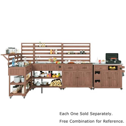 Polibi 41.7" Outdoor Kitchen Island with Sink, Solid Wood Rolling Patio Cart with Stainless Steel Top, Movable Shelves and 1 Bottle Opener,BBQ Station Garden Potting Bench, Brown