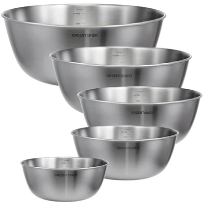 Greentainer 5-Piece Stainless Steel Mixing Bowls Set for Kitchen, Nesting Bowls with Measurement Markings for Baking, Prepping, Cooking and Serving Food, Metal Mixing Bowls Dishwasher Safe