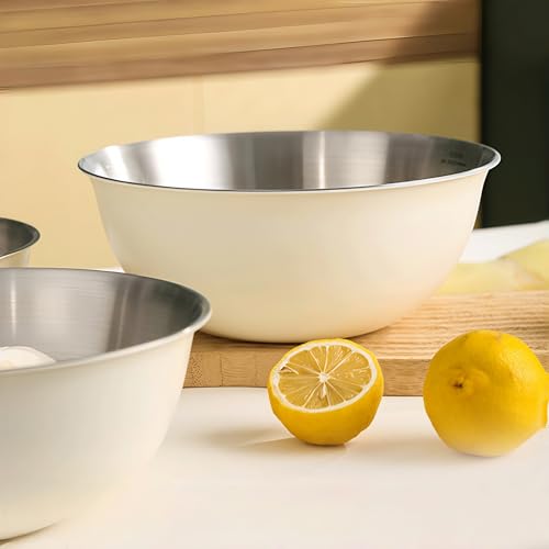 Eugelrom 4-Piece 304 Stainless Steel Mixing Bowls Set with Colander & Strainer – Off-White Coated Nesting Bowls, Food Grade Metal Bowl Set for Meal Prep, Kitchen Essentials (Lids Not Included)