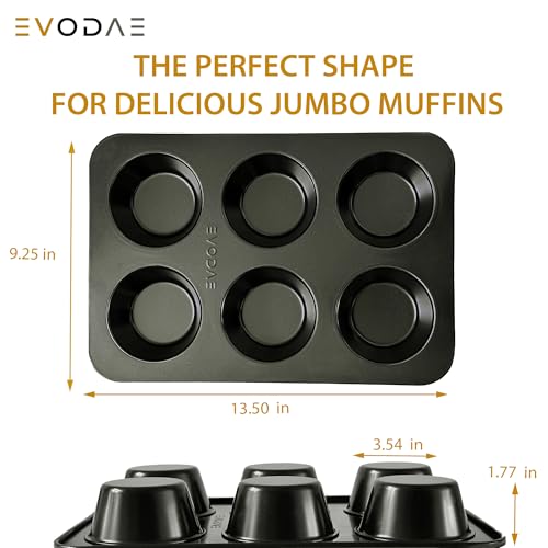 EVODAE Jumbo Muffin Pan, 2 Pack – Extra-Large Wide & Deep Cups, 12-Cup (2x6) Nonstick Carbon Steel – Texas Muffin Tin, Large Cupcake Pan – PFOA & PTFE Free, No Liners Needed, Gift Box