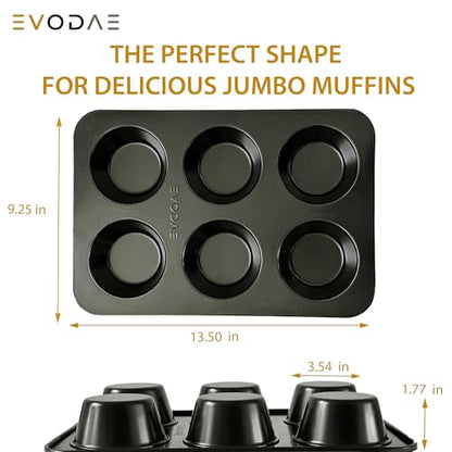 EVODAE Jumbo Muffin Pan, 2 Pack – Extra-Large Wide & Deep Cups, 12-Cup (2x6) Nonstick Carbon Steel – Texas Muffin Tin, Large Cupcake Pan – PFOA & PTFE Free, No Liners Needed, Gift Box
