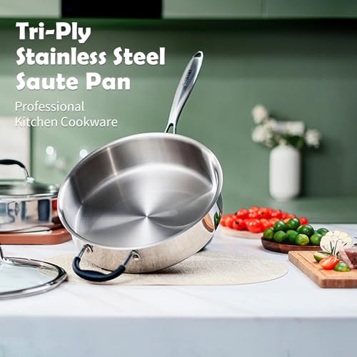 SLOTTET Tri-Ply Stainless Steel Saute Pan with Lid, 5 Quart Deep Sauté Pan with Stay Cool Handle,11.5 Inch Frying Pan,Dishwasher and Oven Safe,Induction Stainless Steel Cookware