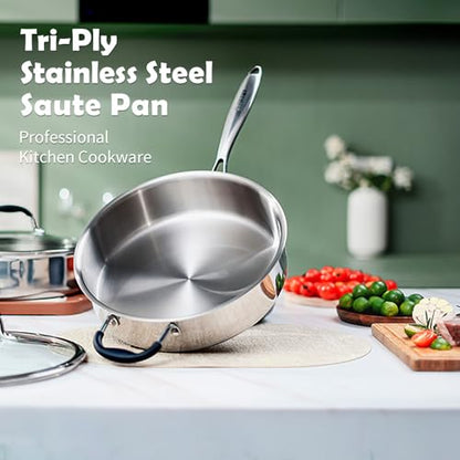 SLOTTET Tri-Ply Stainless Steel Saute Pan with Lid, 5 Quart Deep Sauté Pan with Stay Cool Handle,11.5 Inch Frying Pan,Dishwasher and Oven Safe,Induction Stainless Steel Cookware