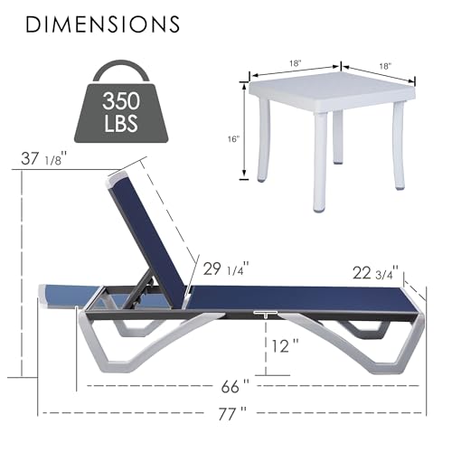Kozyard Outdoor Chaise Lounge Chair, Full Flat Adjustable Patio Lounger with Aluminum Frame & Resin Legs, Textilene Fabric for Poolside, Backyard & Beach (NavyBlue, 2Chairs with Table)