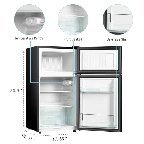 HAILANG 3.2 Cu.Ft Mini Fridge with Freezer, 2 Door Mini Refrigerator,Sliver