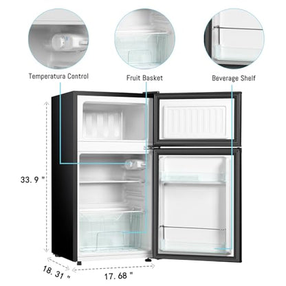 HAILANG 3.2 Cu.Ft Mini Fridge with Freezer, 2 Door Mini Refrigerator,Sliver
