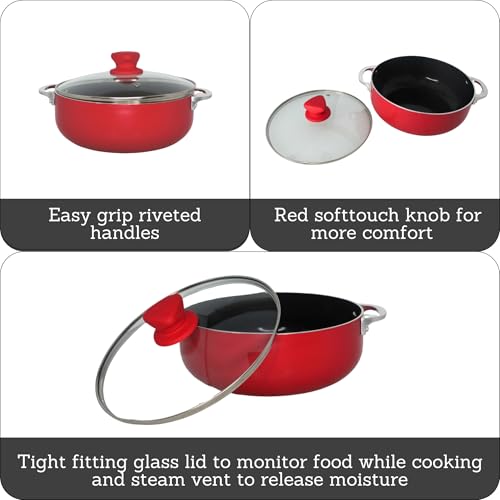 IMUSA 3.2 Qt Red Aluminum Dutch Oven with Black Ceramic Nonstick, Glass Lid & Riveted Handles – Oven Safe Caldero for Everyday Cooking