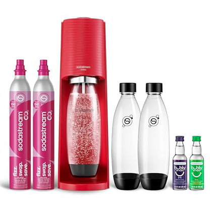 SodaStream Terra Sparkling Water Maker Bundle (Red), with CO2, Dishwasher Safe Bottles, and Bubly Drops Flavors