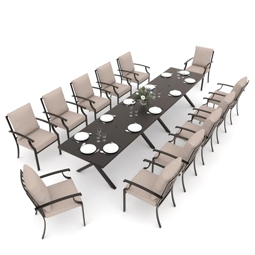 Gotland 14 Piece Outdoor Dining Set, Metal Outdoor Table and Chairs with X-Shaped Legs 1.5" Umbrella Hole, Patio Furniture Set with Waterproof Cushions, Patio Dining Sets for Backyard Deck Khaki