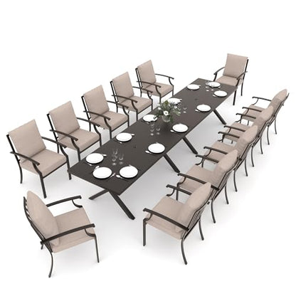 Gotland 14 Piece Outdoor Dining Set, Metal Outdoor Table and Chairs with X-Shaped Legs 1.5" Umbrella Hole, Patio Furniture Set with Waterproof Cushions, Patio Dining Sets for Backyard Deck Khaki
