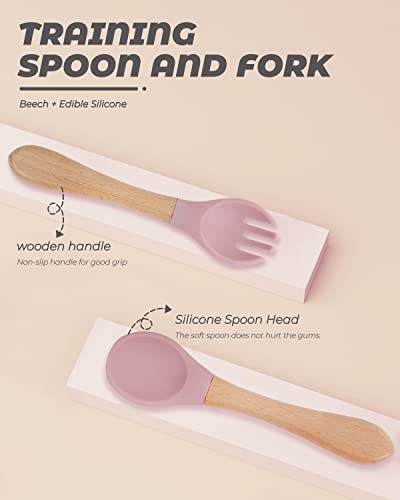 10 Pieces Bamboo Baby Spoons & Baby Forks Set, Chewable Baby Utensils for Self-Feeding, Bamboo and Silicone Baby Utensils, Kids Utensils for Over 6 Months Babies