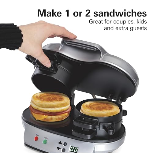 Hamilton Beach Dual Breakfast Sandwich Maker with Timer, Ready in 5 Minutes, Removable Dishwasher Safe PFAS-Free Non-Stick Egg Cooker Ring, Silver (25490MNA)