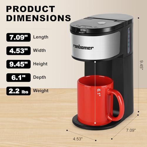 Ranbomer K Cup Coffee Maker, Single Serve coffee machine or Ground Coffee Machine 2 in 1, 6 to 14 Oz Brew Sizes, Mini One Cup Coffee Maker with Self cleaning Function.